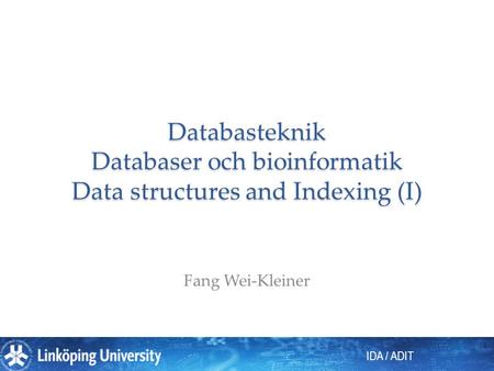 IDA / ADIT Databasteknik Databaser och bioinformatik Data structures and Indexing (I) Fang Wei-Kleiner.