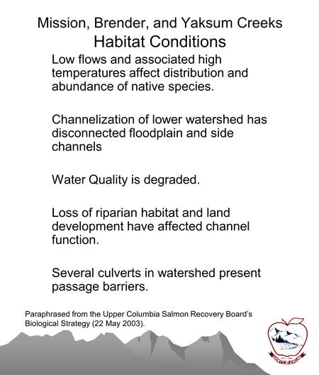 Mission, Brender, and Yaksum Creeks Habitat Conditions Low flows and associated high temperatures affect distribution and abundance of native species.