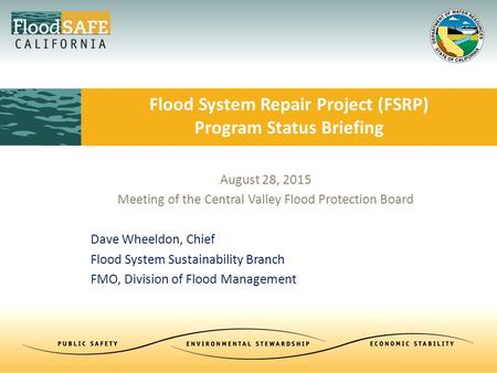 August 28, 2015 Meeting of the Central Valley Flood Protection Board Dave Wheeldon, Chief Flood System Sustainability Branch FMO, Division of Flood Management.