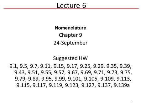 Nomenclature Chapter 9 24-September Suggested HW 9.1, 9.5, 9.7, 9.11, 9.15, 9.17, 9.25, 9.29, 9.35, 9.39, 9.43, 9.51, 9.55, 9.57, 9.67, 9.69, 9.71, 9.73,