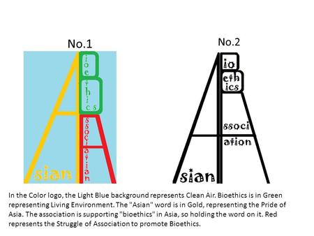 No.1 No.2 In the Color logo, the Light Blue background represents Clean Air. Bioethics is in Green representing Living Environment. The Asian word is.