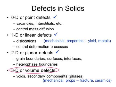 Defects in Solids 0-D or point defects –vacancies, interstitials, etc. –control mass diffusion 1-D or linear defects –dislocations –control deformation.