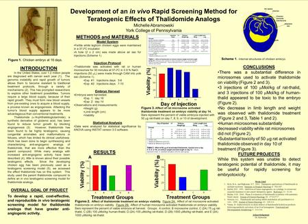 Anti-angiogenic thalidomide analogs: A determination of their teratogenic potential using a chicken egg embryo model Michelle Abramowski York College of.