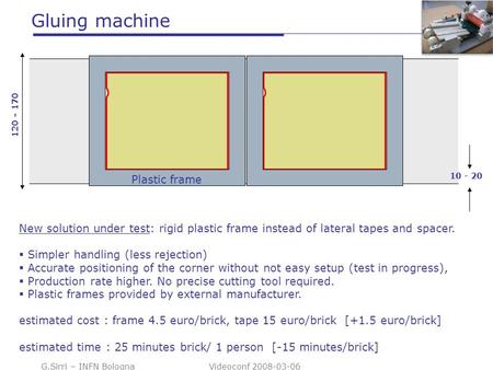 G.Sirri – INFN Bologna Videoconf 2008-03-06 Gluing machine 120 - 170 10 - 20 New solution under test: rigid plastic frame instead of lateral tapes and.