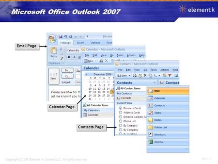 OV 1 - 1 Copyright © 2007 Element K Content LLC. All rights reserved. Microsoft Office Outlook 2007 Email Page Contacts Page Calendar Page.