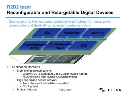 R2D2 team R2D2 team Reconfigurable and Retargetable Digital Devices  Application domains Mobile telecommunications  WCDMA/UMTS (Wideband Code Division.