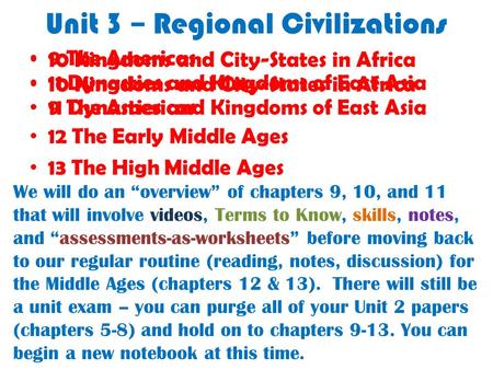 Unit 3 – Regional Civilizations 9 The Americas 10 Kingdoms and City-States in Africa 11 Dynasties and Kingdoms of East Asia 12 The Early Middle Ages 13.