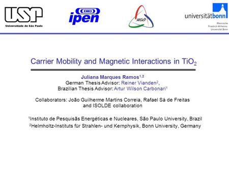 Juliana Marques Ramos 1,2 German Thesis Advisor: Reiner Vianden 2, Brazilian Thesis Advisor: Artur Wilson Carbonari 1 Collaborators: João Guilherme Martins.