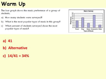 Warm Up a) 41 b) Alternative c) 14/41 = 34%. HW Check.