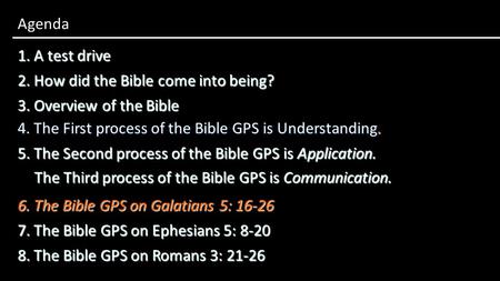 1. A test drive Agenda 3. Overview of the Bible 2. How did the Bible come into being? 4. The First process of the Bible GPS is Understanding. 5. The Second.