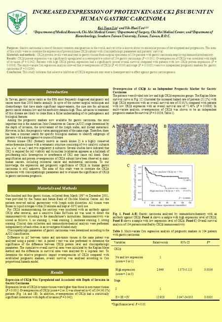 INCREASED EXPRESSION OF PROTEIN KINASE CK2  SUBUNIT IN HUMAN GASTRIC CARCINOMA Kai-Yuan Lin 1 and Yih-Huei Uen 1,2,3 1 Department of Medical Research,