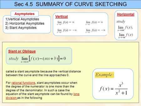 Vertical 1)Vertical Asymptotes 2) Horizontal Asymptotes 3) Slant Asymptotes Asymptotes Sec 4.5 SUMMARY OF CURVE SKETCHING Horizontal Slant or Oblique called.