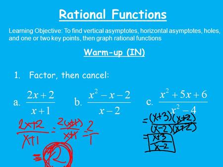 Rational Functions Learning Objective: To find vertical asymptotes, horizontal asymptotes, holes, and one or two key points, then graph rational functions.