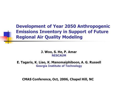 Development of Year 2050 Anthropogenic Emissions Inventory in Support of Future Regional Air Quality Modeling J. Woo, S. He, P. Amar NESCAUM E. Tagaris,