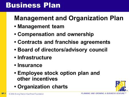 ©2001 Kauffman Center for Entrepreneurial Leadership PLANNING AND GROWING A BUSINESS VENTURE™ ™ Business Plan Management and Organization Plan Management.