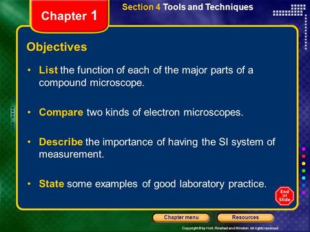 Copyright © by Holt, Rinehart and Winston. All rights reserved. ResourcesChapter menu Section 4 Tools and Techniques Chapter 1 Objectives List the function.