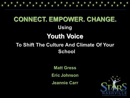 CONNECT. EMPOWER. CHANGE. Using Youth Voice To Shift The Culture And Climate Of Your School Matt Gress Eric Johnson Jeannie Carr.