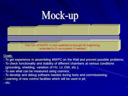 Goals: - To get experience in assembling MWPC on the Wall and prevent possible problems; - To check functionality and stability of different chambers at.