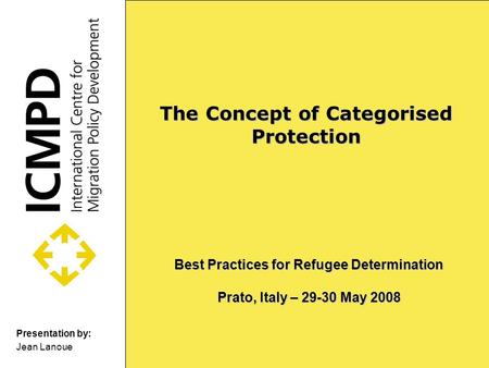 Presentation by: Best Practices for Refugee Determination Prato, Italy – 29-30 May 2008 Jean Lanoue The Concept of Categorised Protection.