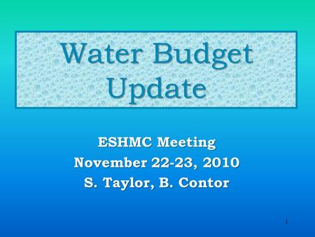 1 Water Budget Update ESHMC Meeting November 22-23, 2010 S. Taylor, B. Contor.