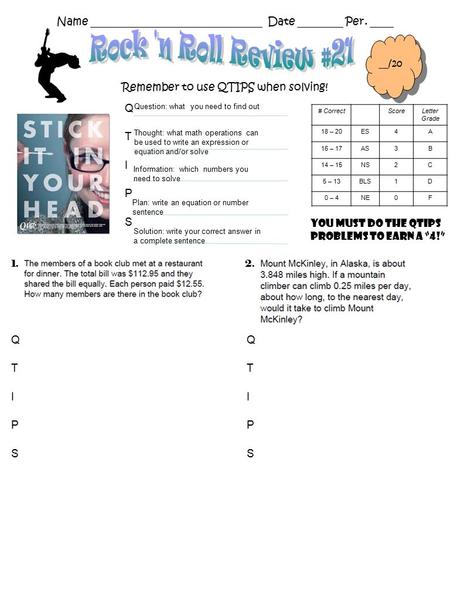 Name _______________________________ Date ________ Per. ____ Remember to use QTIPS when solving! 1. __/20 2. Question: what you need to find out Thought: