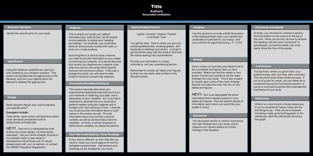 POSTER TEMPLATES BY: www.POSTERPRESENTATIONS.com Research Question Design Charts/Graphs/Pictures Analyses Results Discussion (continued) Significance References.