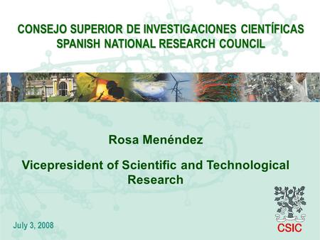 CONSEJO SUPERIOR DE INVESTIGACIONES CIENTÍFICAS SPANISH NATIONAL RESEARCH COUNCIL Rosa Menéndez Vicepresident of Scientific and Technological Research.