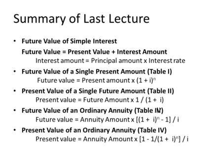 Summary of Last Lecture Future Value of Simple Interest Future Value = Present Value + Interest Amount Interest amount = Principal amount x Interest rate.