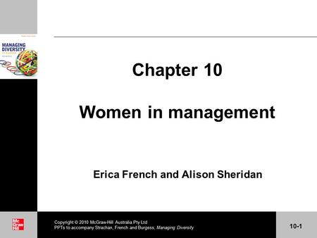 . Chapter 10 Women in management Erica French and Alison Sheridan Copyright  2010 McGraw-Hill Australia Pty Ltd PPTs to accompany Strachan, French and.