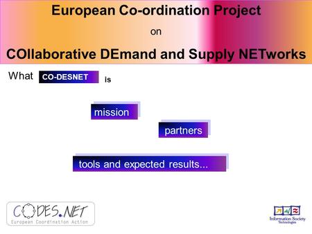 European Co-ordination Project on COllaborative DEmand and Supply NETworks What partners mission tools and expected results... CO-DESNET is.