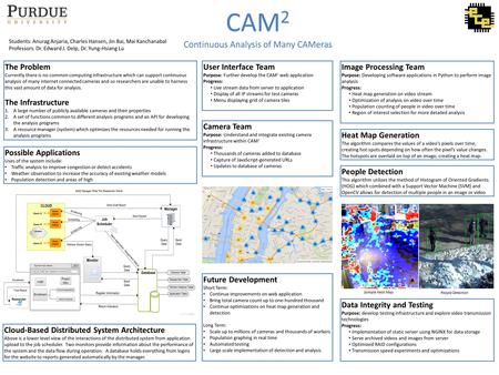 Students: Anurag Anjaria, Charles Hansen, Jin Bai, Mai Kanchanabal Professors: Dr. Edward J. Delp, Dr. Yung-Hsiang Lu CAM 2 Continuous Analysis of Many.