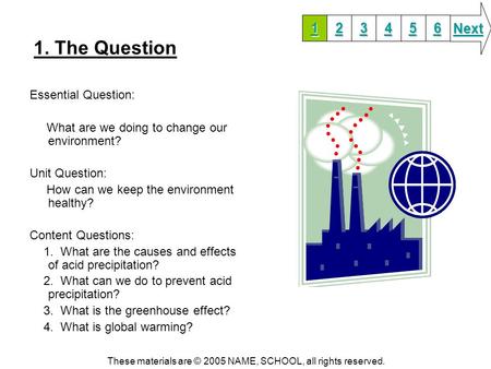 1. The Question Essential Question: What are we doing to change our environment? Unit Question: How can we keep the environment healthy? Content Questions: