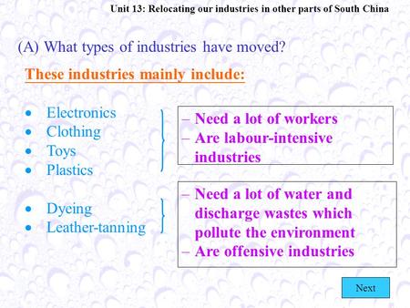 Unit 13: Relocating our industries in other parts of South China These industries mainly include:  Electronics  Clothing  Toys  Plastics  Dyeing.