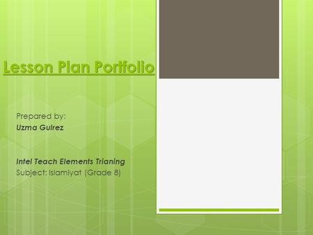 Lesson Plan Portfolio Prepared by: Uzma Gulrez Intel Teach Elements Trianing Subject: Islamiyat (Grade 8)