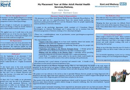 My Placement Year at Older Adult Mental Health Services,Medway. Katie Snow Supervisor: Reinhard Guss My Expectations I was worried at the start of my placement.