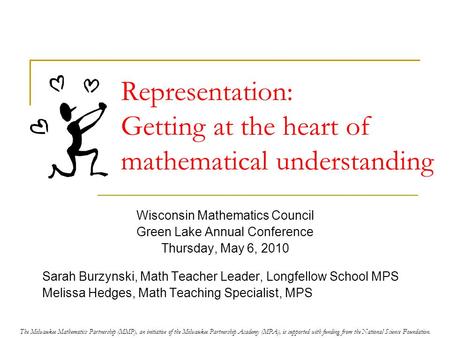 Representation: Getting at the heart of mathematical understanding Wisconsin Mathematics Council Green Lake Annual Conference Thursday, May 6, 2010 Sarah.