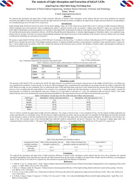 The Analysis of Light Absorption and Extraction of InGaN LEDs Jeng-Feng Lin, Chin-Chieh Kang, Pei-Chiang Kao Department of Electro-Optical Engineering,