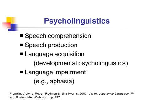 Psycholinguistics  Speech comprehension  Speech production  Language acquisition (developmental psycholinguistics)  Language impairment (e.g., aphasia)