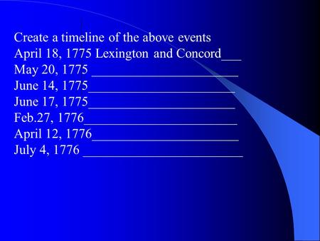 Create a timeline of the above events April 18, 1775 Lexington and Concord___ May 20, 1775 ______________________ June 14, 1775______________________ June.