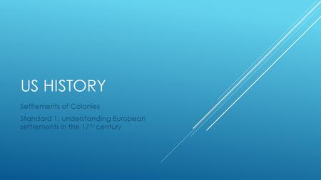 US HISTORY Settlements of Colonies Standard 1: understanding European settlements in the 17 th century.