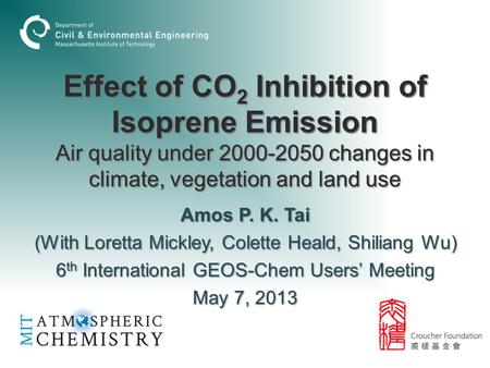 Effect of CO 2 Inhibition of Isoprene Emission Air quality under 2000-2050 changes in climate, vegetation and land use Amos P. K. Tai (With Loretta Mickley,