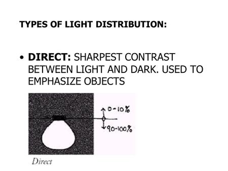 TYPES OF LIGHT DISTRIBUTION: DIRECT: SHARPEST CONTRAST BETWEEN LIGHT AND DARK. USED TO EMPHASIZE OBJECTS.