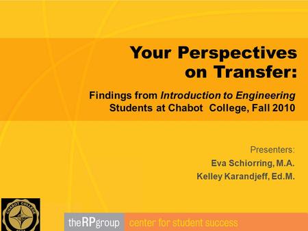 Your Perspectives on Transfer: Presenters: Eva Schiorring, M.A. Kelley Karandjeff, Ed.M. Findings from Introduction to Engineering Students at Chabot College,