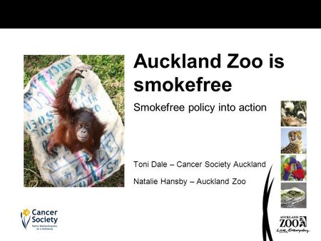 Smokefree policy into action Toni Dale – Cancer Society Auckland Natalie Hansby – Auckland Zoo Auckland Zoo is smokefree.