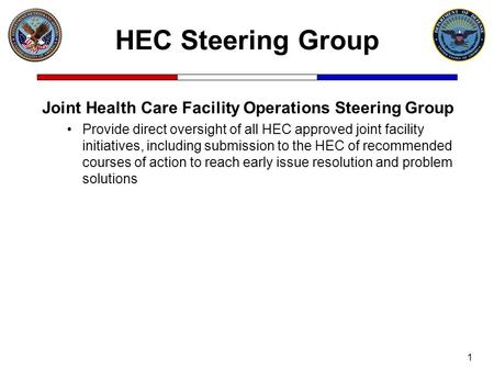 1 Joint Health Care Facility Operations Steering Group Provide direct oversight of all HEC approved joint facility initiatives, including submission to.