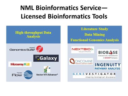 NML Bioinformatics Service— Licensed Bioinformatics Tools High-throughput Data Analysis Literature Study Data Mining Functional Genomics Analysis Vector.