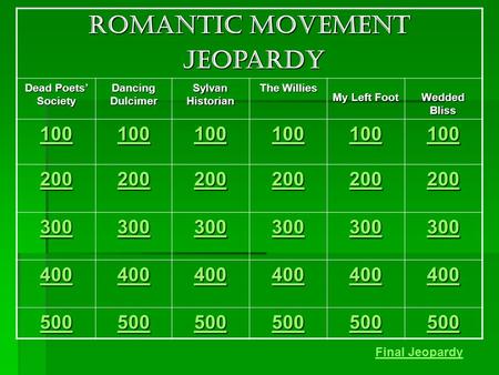 ROMANTIC MOVEMENT Jeopardy Jeopardy Dead Poets’ Society Dancing Dulcimer Sylvan Historian The Willies My Left Foot Wedded Bliss 100 200 300 400 500 Final.