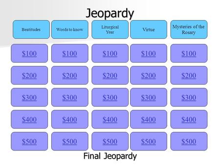 Jeopardy $100 BeatitudesWords to know Liturgical Year Virtue Mysteries of the Rosary $200 $300 $400 $500 $400 $300 $200 $100 $500 $400 $300 $200 $100.