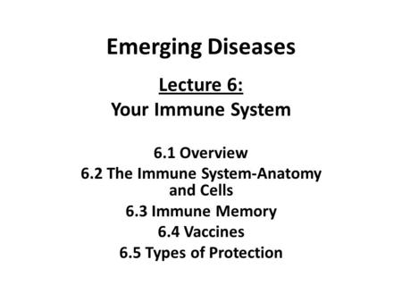 Emerging Diseases Lecture 6: Your Immune System 6.1 Overview 6.2 The Immune System-Anatomy and Cells 6.3 Immune Memory 6.4 Vaccines 6.5 Types of Protection.