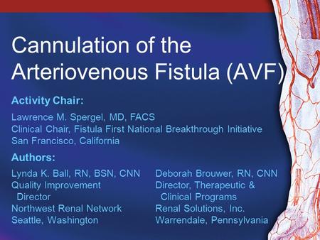 Cannulation of the Arteriovenous Fistula (AVF) Lynda K. Ball, RN, BSN, CNN Quality Improvement Director Northwest Renal Network Seattle, Washington Activity.